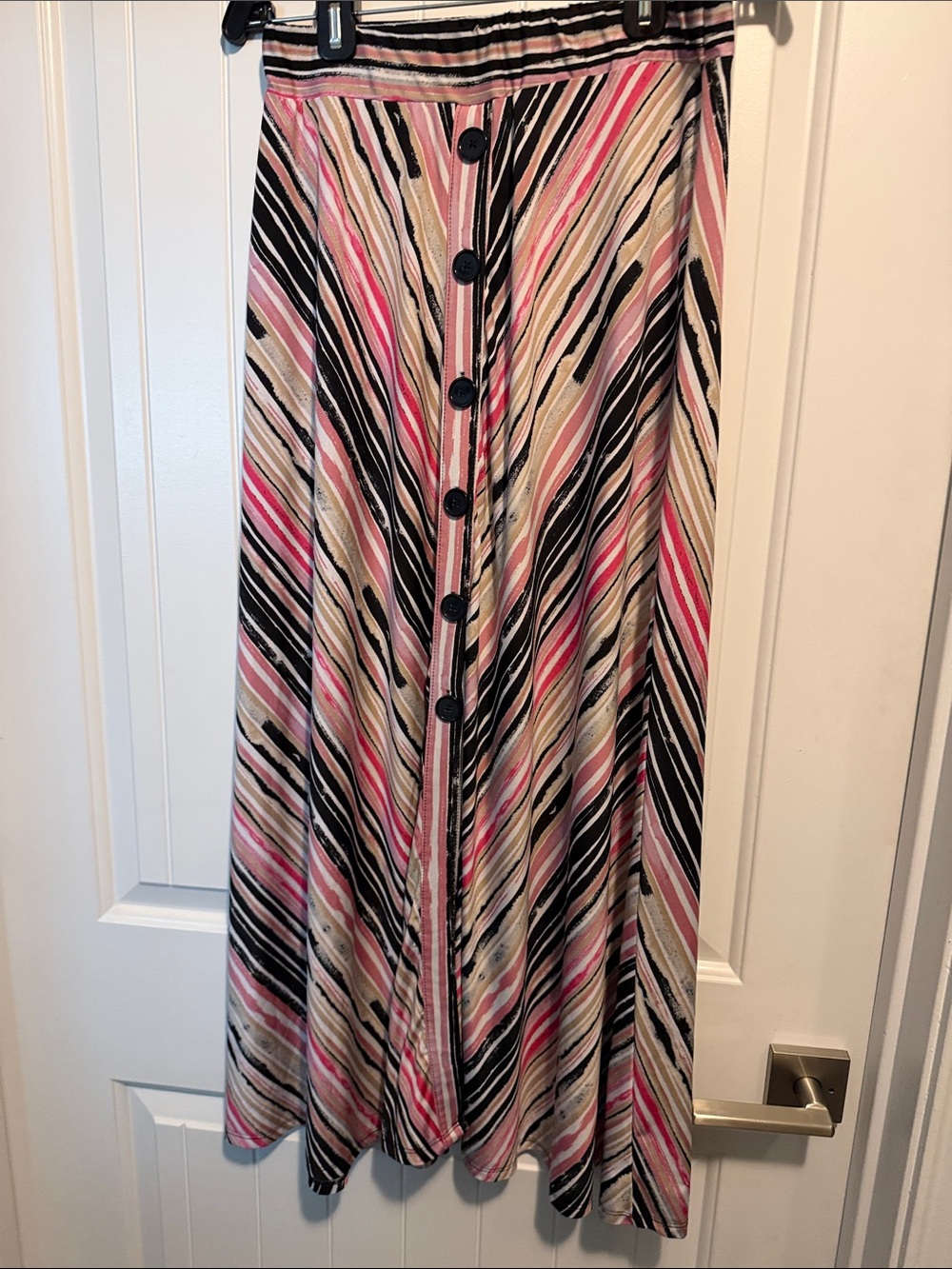Robert Louis Pink Black Cream Striped Button-Front Maxi Skirt